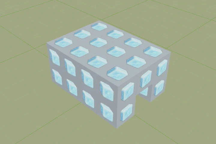 3D view in the Pokopia Island Planner: an ice-block building with a doorway on a grass island